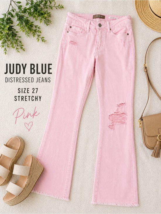 Judy Blue Denim - Judy Blue High-Rise Pink Flare Jeans with Distressed Knee